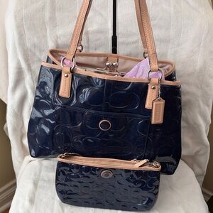 NWT Coach Blue Patent Leather Purse + Matching Clutch Set